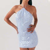 Light blue sequin dress worn by a model